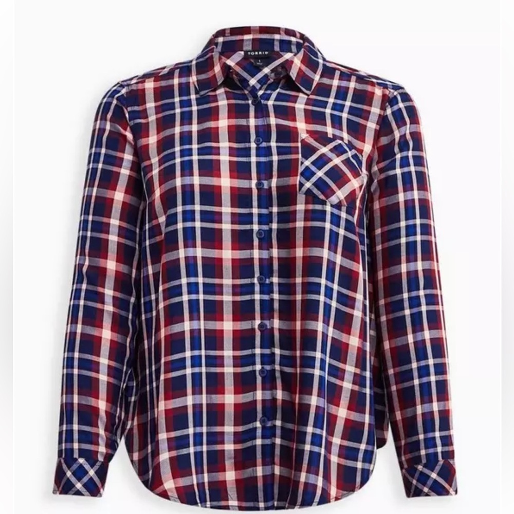 New! Torrid sz 3 Plaid‎ Navy Lizzie Rayon Twill Button-Up Long Sleeve Shirt 3X